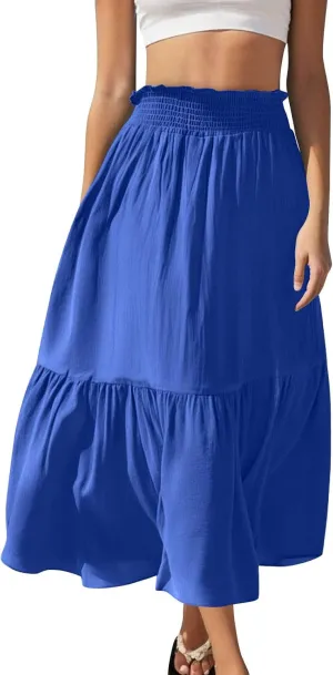 Women's Flowy Boho Skirts Trendy High Waist Beach Holiday Skirt 2025 Resort Wear Ruffle Swing Bohemian Half Dress