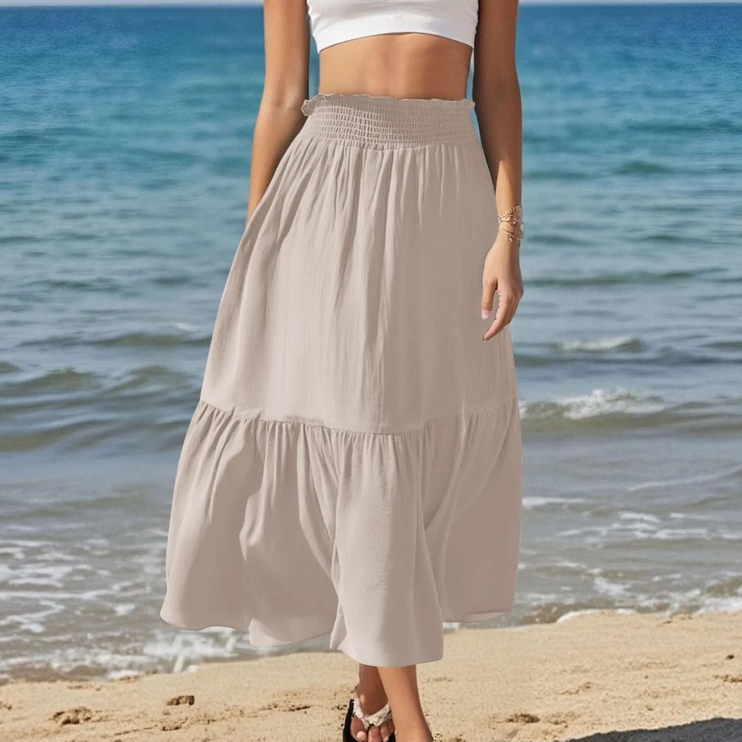 Women's Flowy Boho Skirts Trendy High Waist Beach Holiday Skirt 2025 Resort Wear Ruffle Swing Bohemian Half Dress