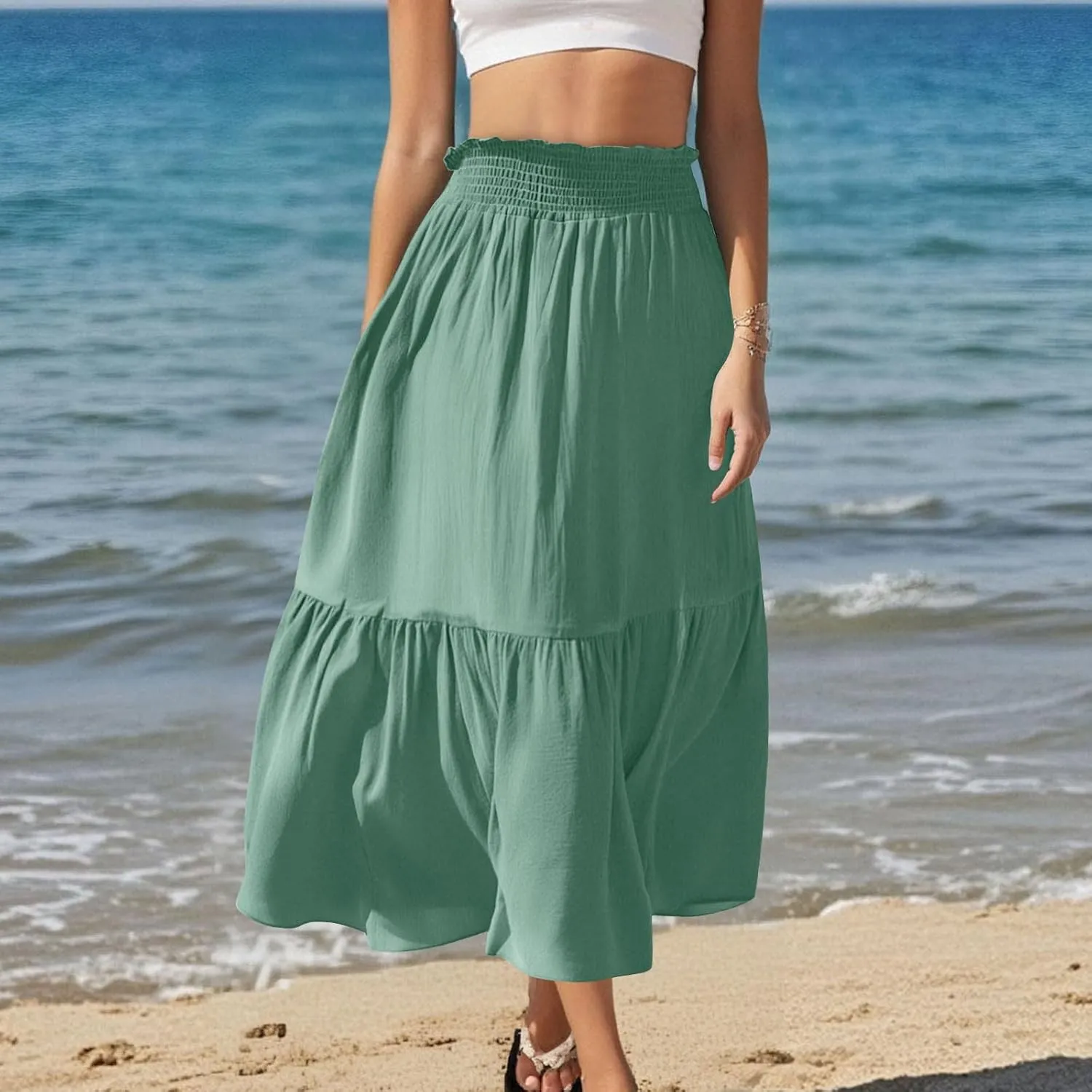 Women's Flowy Boho Skirts Trendy High Waist Beach Holiday Skirt 2025 Resort Wear Ruffle Swing Bohemian Half Dress
