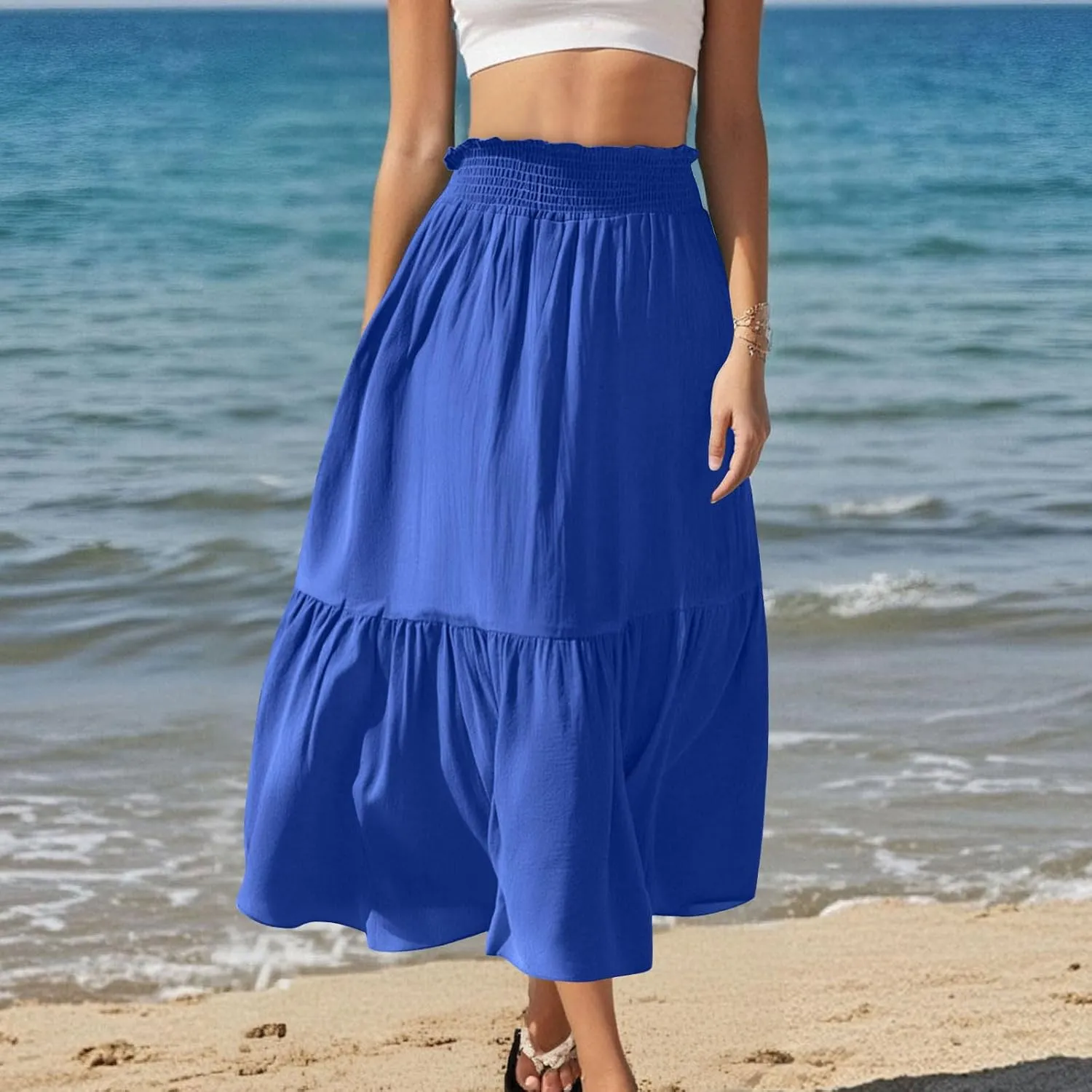 Women's Flowy Boho Skirts Trendy High Waist Beach Holiday Skirt 2025 Resort Wear Ruffle Swing Bohemian Half Dress