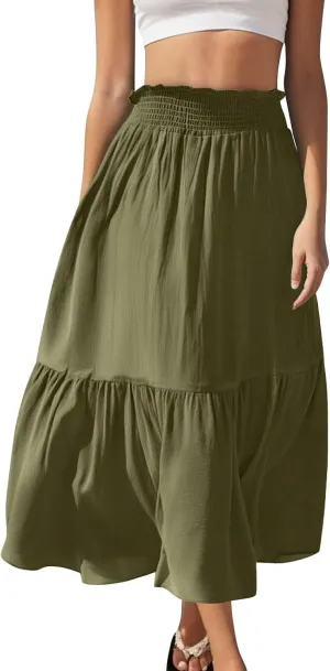 Women's Flowy Boho Skirts Trendy High Waist Beach Holiday Skirt 2025 Resort Wear Ruffle Swing Bohemian Half Dress