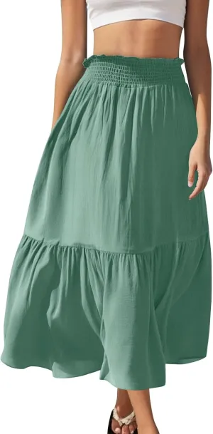 Women's Flowy Boho Skirts Trendy High Waist Beach Holiday Skirt 2025 Resort Wear Ruffle Swing Bohemian Half Dress