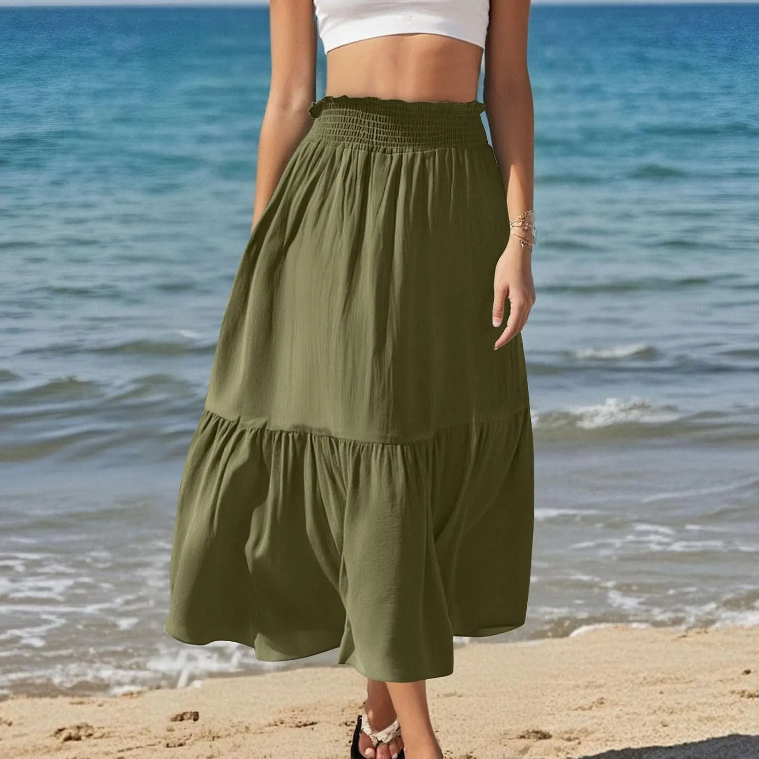 Women's Flowy Boho Skirts Trendy High Waist Beach Holiday Skirt 2025 Resort Wear Ruffle Swing Bohemian Half Dress