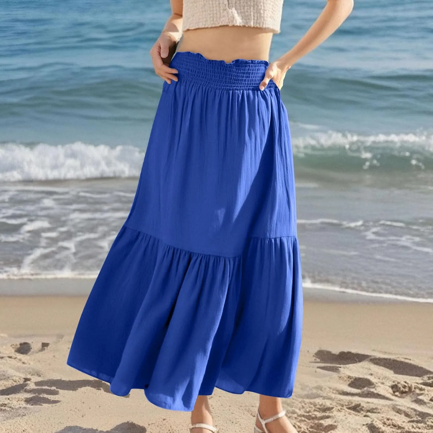 Women's Flowy Boho Skirts Trendy High Waist Beach Holiday Skirt 2025 Resort Wear Ruffle Swing Bohemian Half Dress