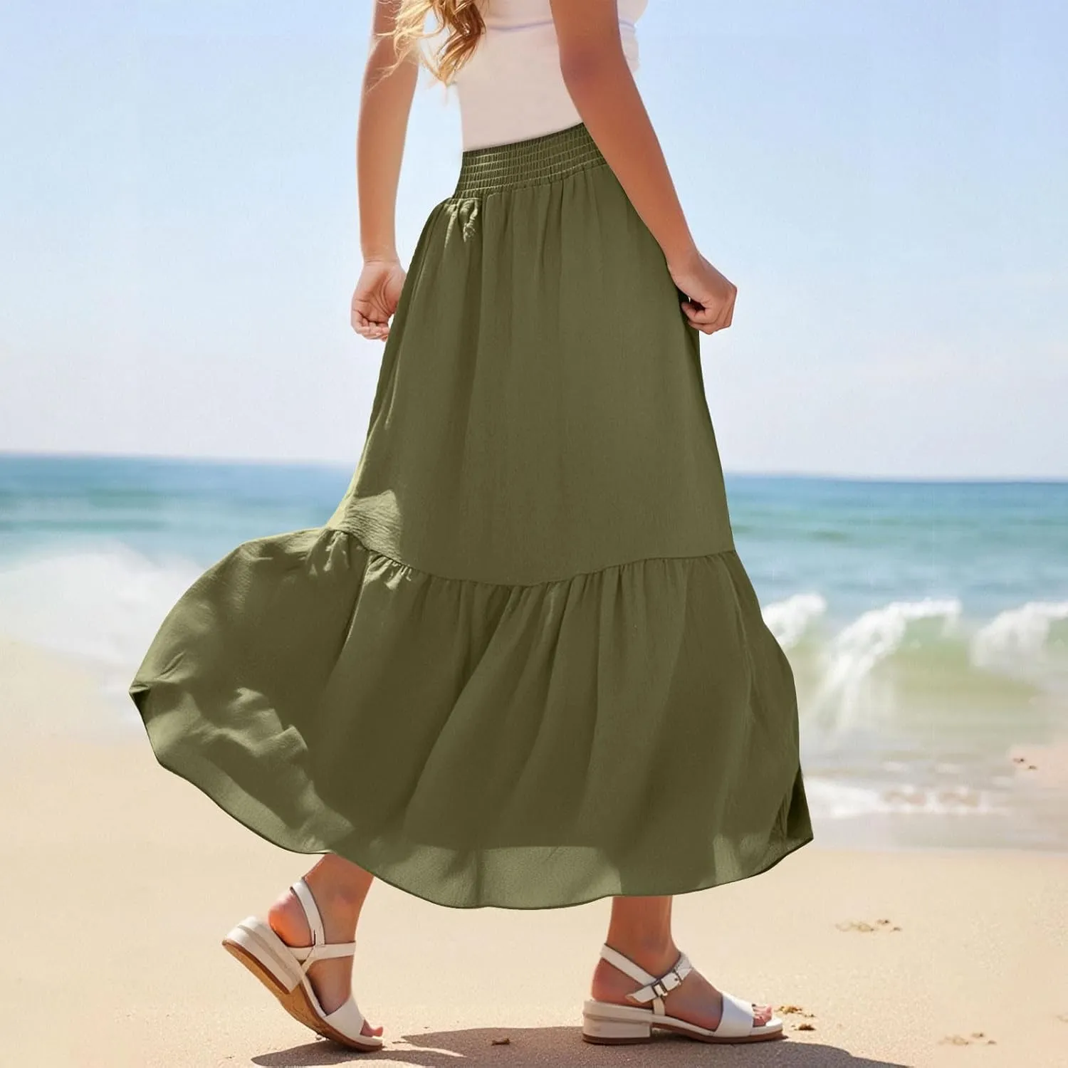 Women's Flowy Boho Skirts Trendy High Waist Beach Holiday Skirt 2025 Resort Wear Ruffle Swing Bohemian Half Dress