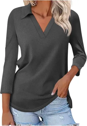 Womens Golf Shirts 1/2 Or 3/4 Length Sleeve Collared Tops Business Casual Summer Loose Blouse Lapel Tshirts Cute Tees