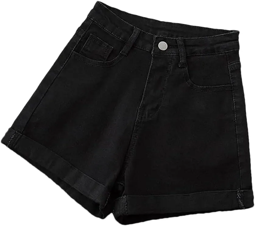 Women's High Waisted A-Line Denim Shorts Solid Color Casual Loose Simple Office Denim Shorts