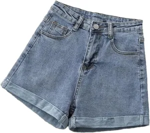 Women's High Waisted A-Line Denim Shorts Solid Color Casual Loose Simple Office Denim Shorts