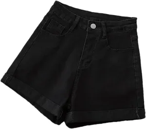 Women's High Waisted A-Line Denim Shorts Solid Color Casual Loose Simple Office Denim Shorts