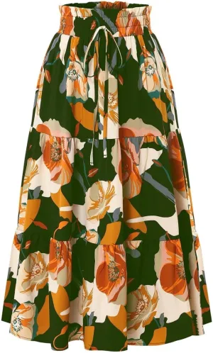 Womens High Waisted Elastic Skirt 2025 Trendy Casual Print Long Skirt Summer Flowy Swing Pleated A-Line Maxi Skirts