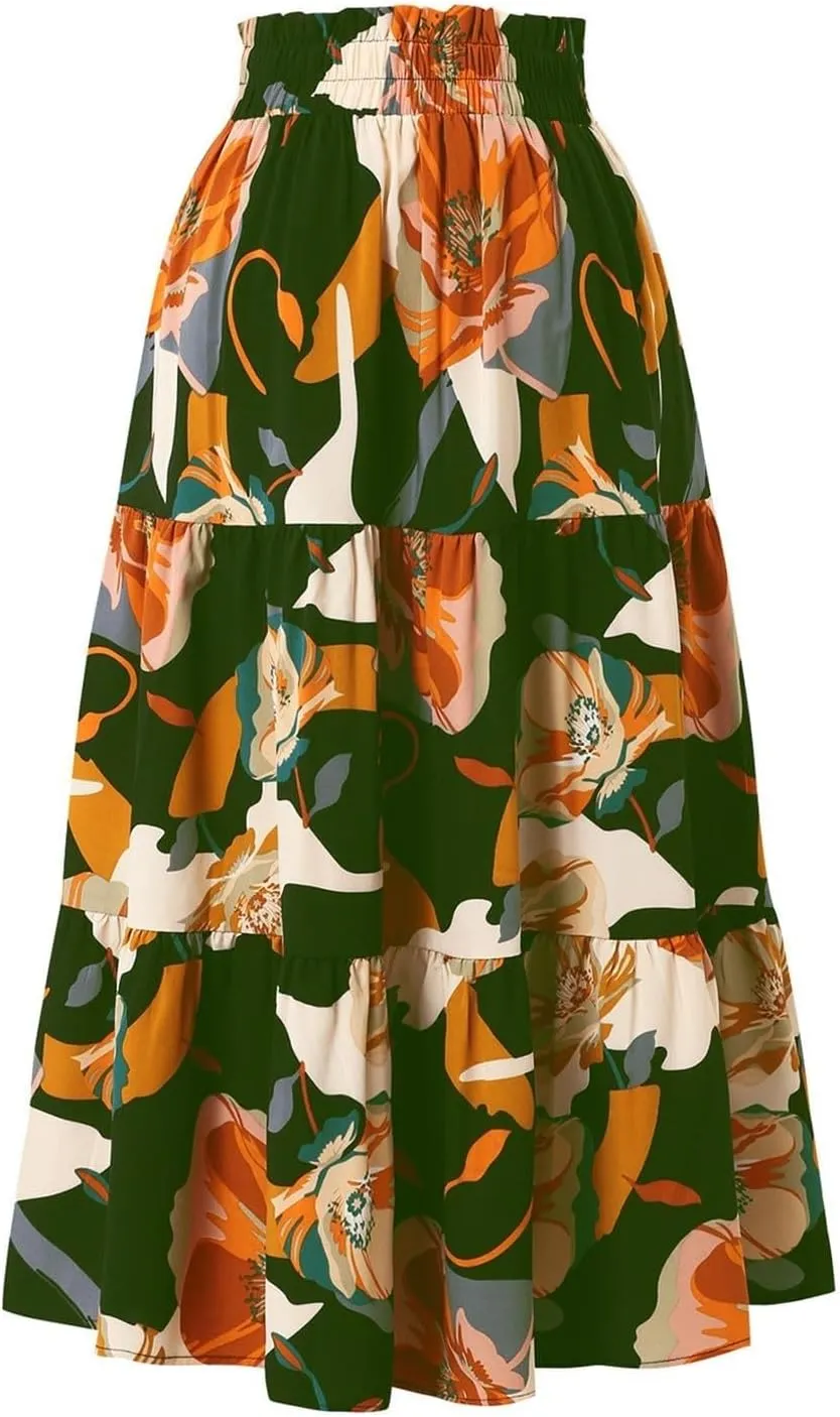Womens High Waisted Elastic Skirt 2025 Trendy Casual Print Long Skirt Summer Flowy Swing Pleated A-Line Maxi Skirts