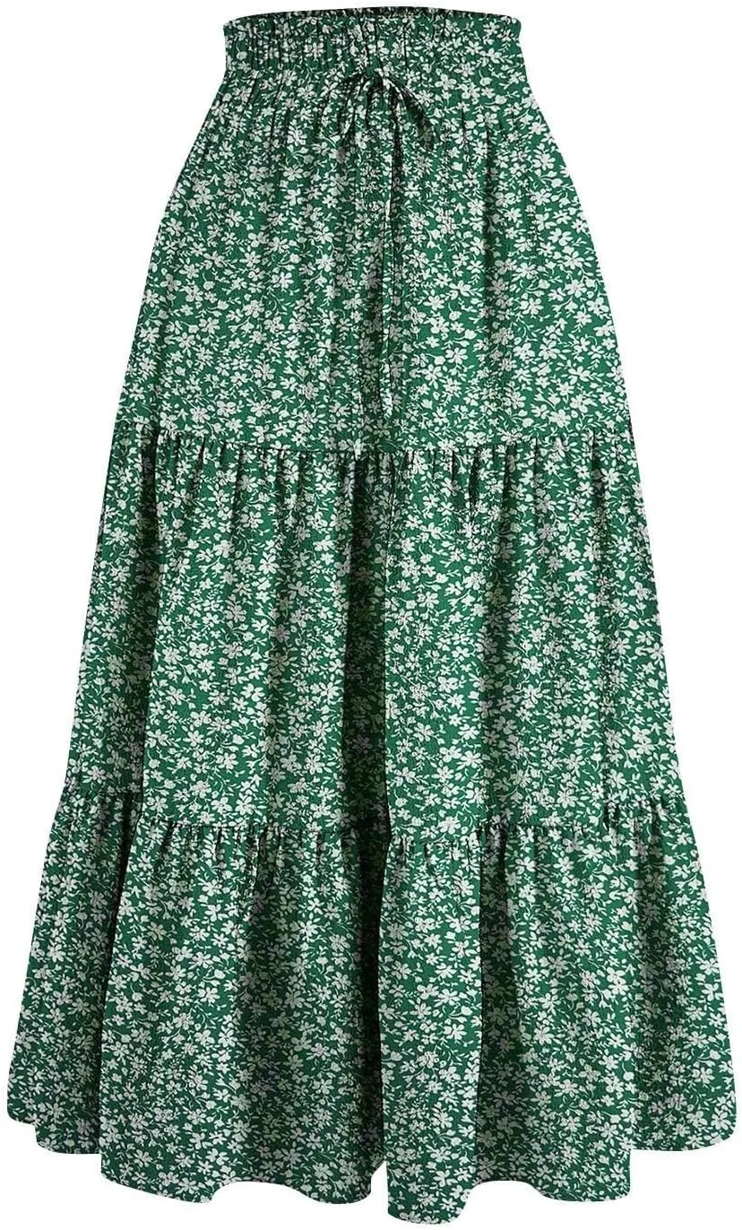 Womens High Waisted Elastic Skirt 2025 Trendy Casual Print Long Skirt Summer Flowy Swing Pleated A-Line Maxi Skirts