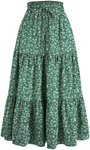 Womens High Waisted Elastic Skirt 2025 Trendy Casual Print Long Skirt Summer Flowy Swing Pleated A-Line Maxi Skirts
