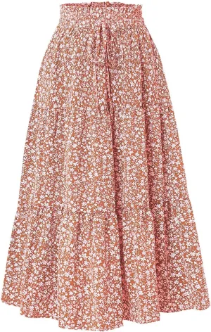 Womens High Waisted Elastic Skirt 2025 Trendy Casual Print Long Skirt Summer Flowy Swing Pleated A-Line Maxi Skirts