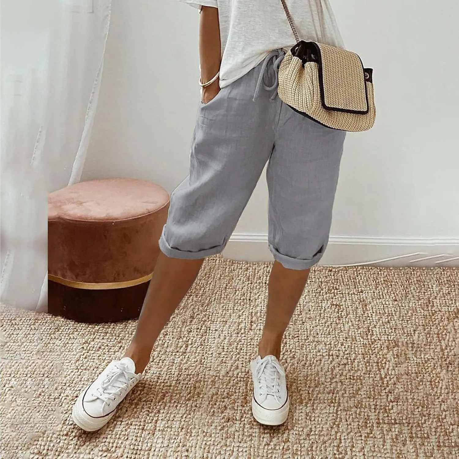 Womens Linen Long Shorts 2025 Summer Knee Length Drawstring Bermuda Shorts Baggy Elastic Waist Shorts with Pocket