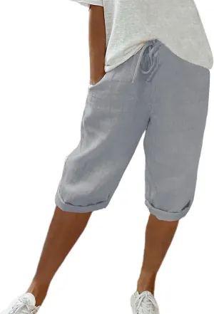 Womens Linen Long Shorts 2025 Summer Knee Length Drawstring Bermuda Shorts Baggy Elastic Waist Shorts with Pocket