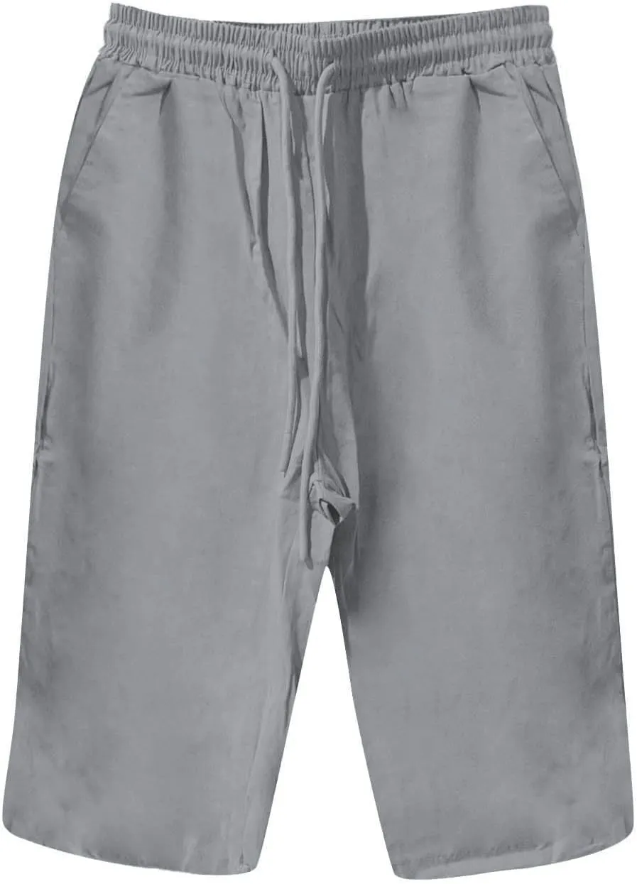 Womens Linen Long Shorts 2025 Summer Knee Length Drawstring Bermuda Shorts Baggy Elastic Waist Shorts with Pocket