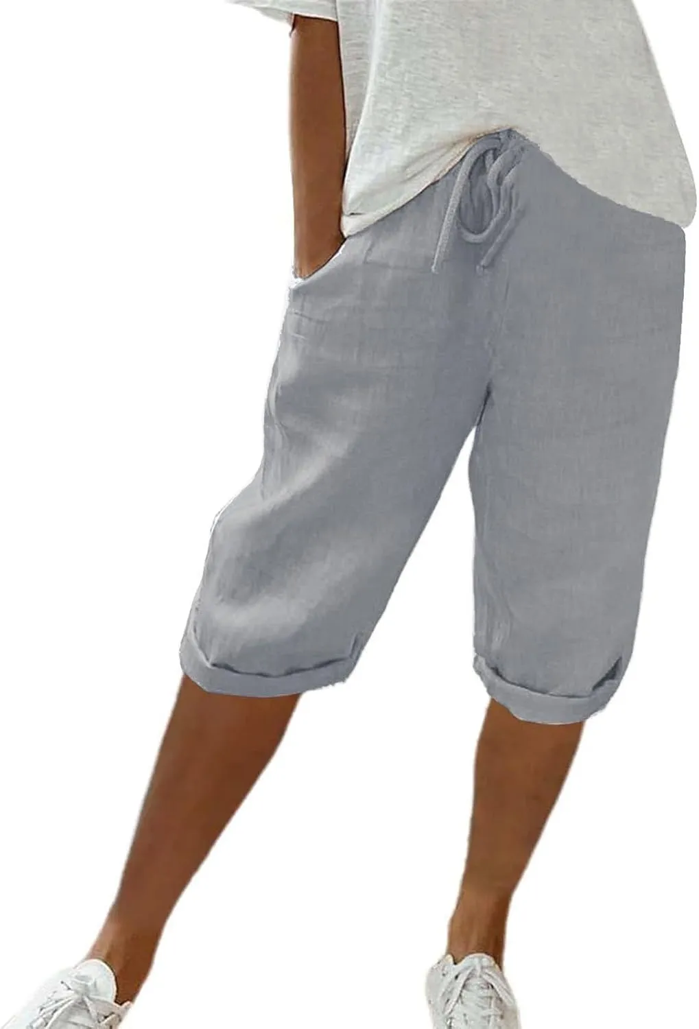 Womens Linen Long Shorts 2025 Summer Knee Length Drawstring Bermuda Shorts Baggy Elastic Waist Shorts with Pocket