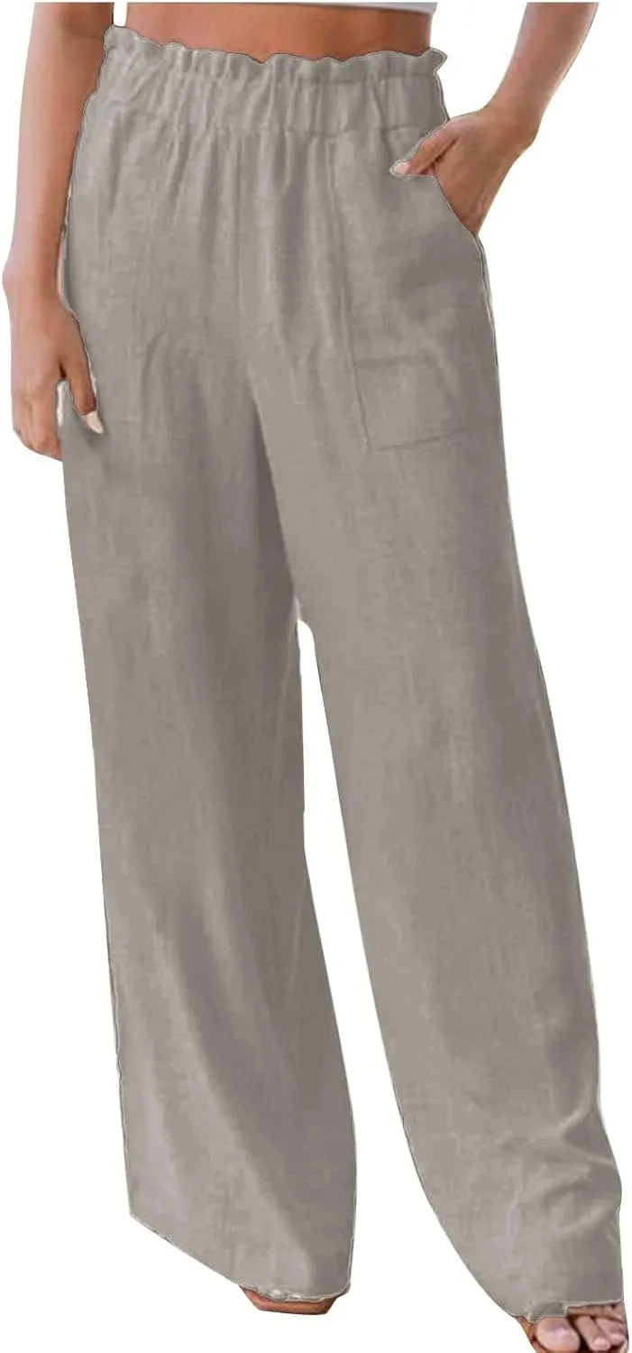 Womens Linen Palazzo Pants with Pockets Wide Leg Summer Bottoms Boho Pants Loose Fit Casual Trousers Lounge