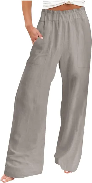 Womens Linen Palazzo Pants with Pockets Wide Leg Summer Bottoms Boho Pants Loose Fit Casual Trousers Lounge