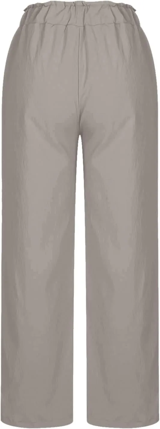 Womens Linen Palazzo Pants with Pockets Wide Leg Summer Bottoms Boho Pants Loose Fit Casual Trousers Lounge