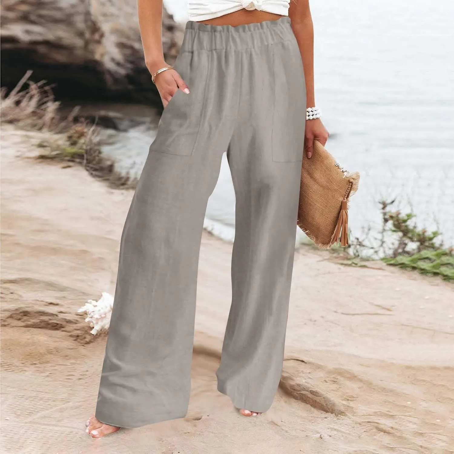 Womens Linen Palazzo Pants with Pockets Wide Leg Summer Bottoms Boho Pants Loose Fit Casual Trousers Lounge