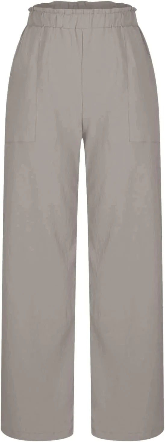 Womens Linen Palazzo Pants with Pockets Wide Leg Summer Bottoms Boho Pants Loose Fit Casual Trousers Lounge