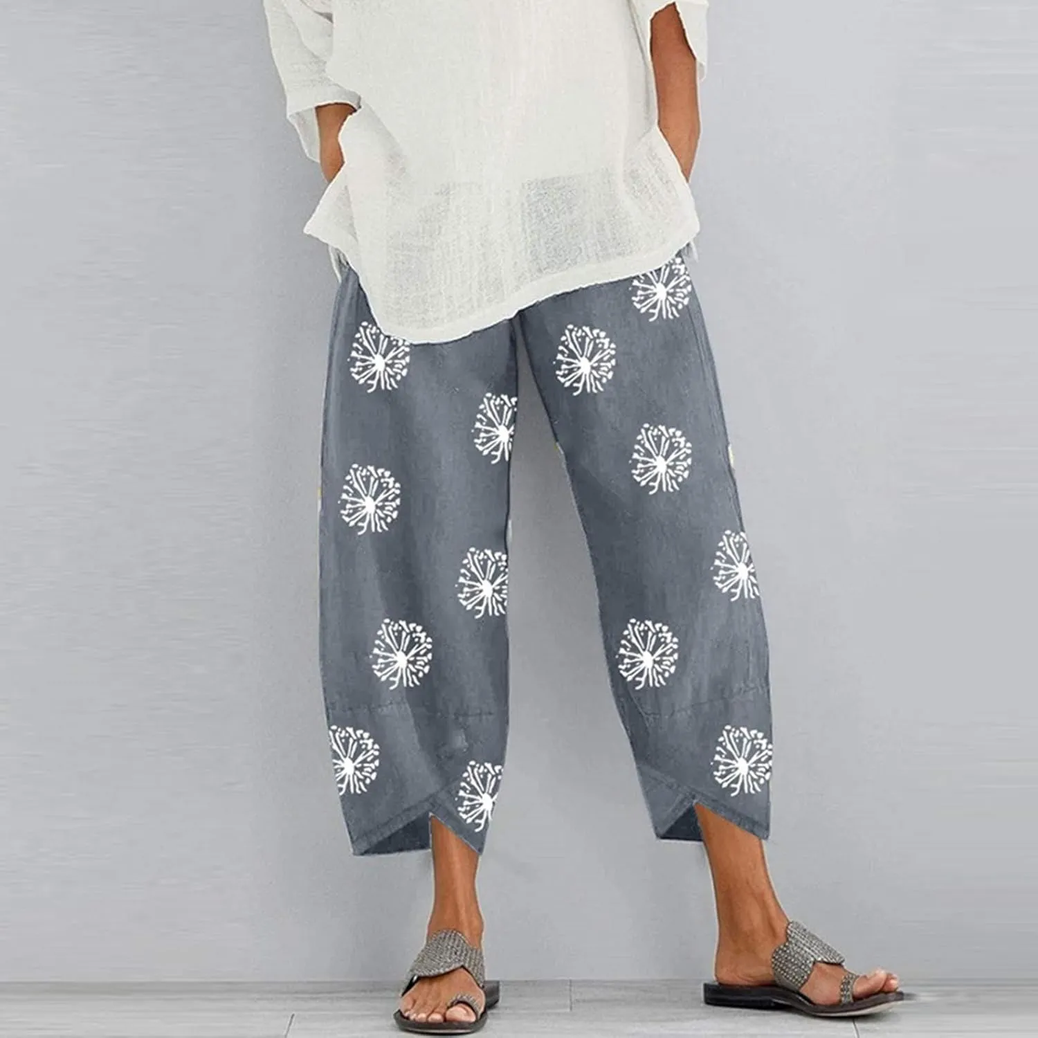Womens Linen Pants Casual Dandelion Print Elastic Waist Sweatpants Capris Boho Wide Leg Palazzo Cropped Trousers with Pockets