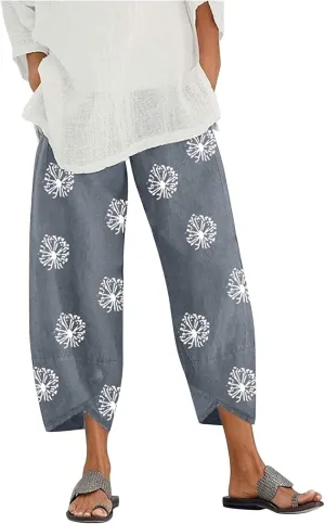 Womens Linen Pants Casual Dandelion Print Elastic Waist Sweatpants Capris Boho Wide Leg Palazzo Cropped Trousers with Pockets