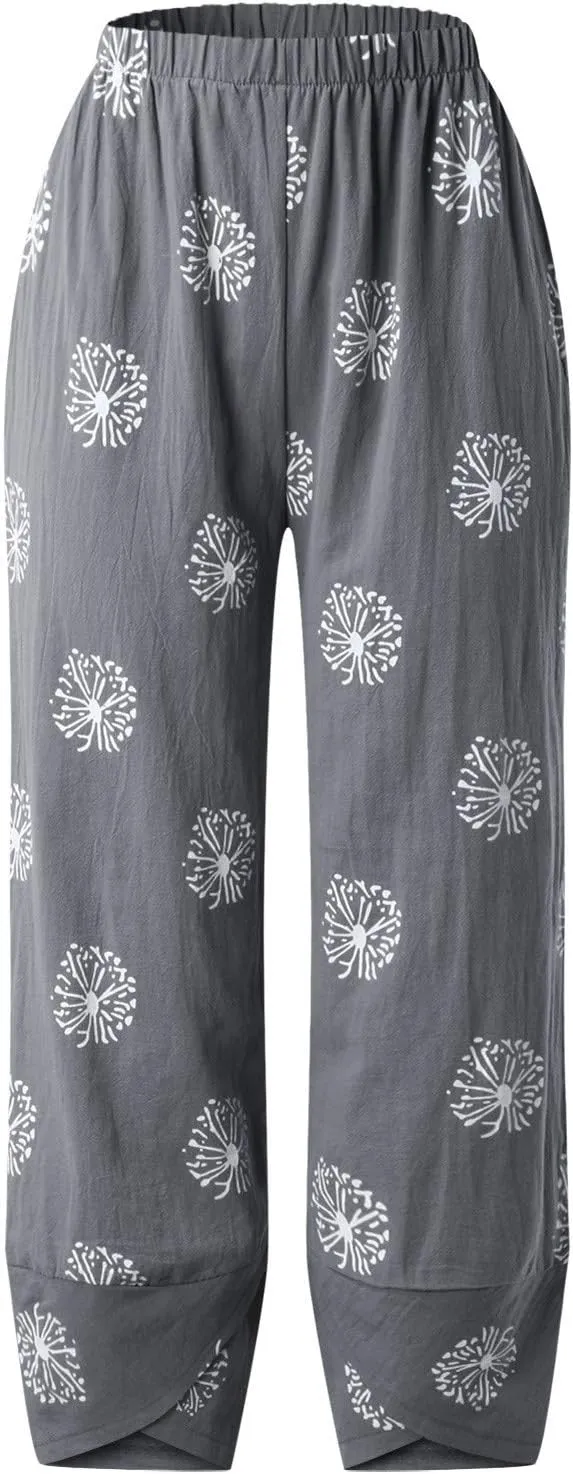 Womens Linen Pants Casual Dandelion Print Elastic Waist Sweatpants Capris Boho Wide Leg Palazzo Cropped Trousers with Pockets