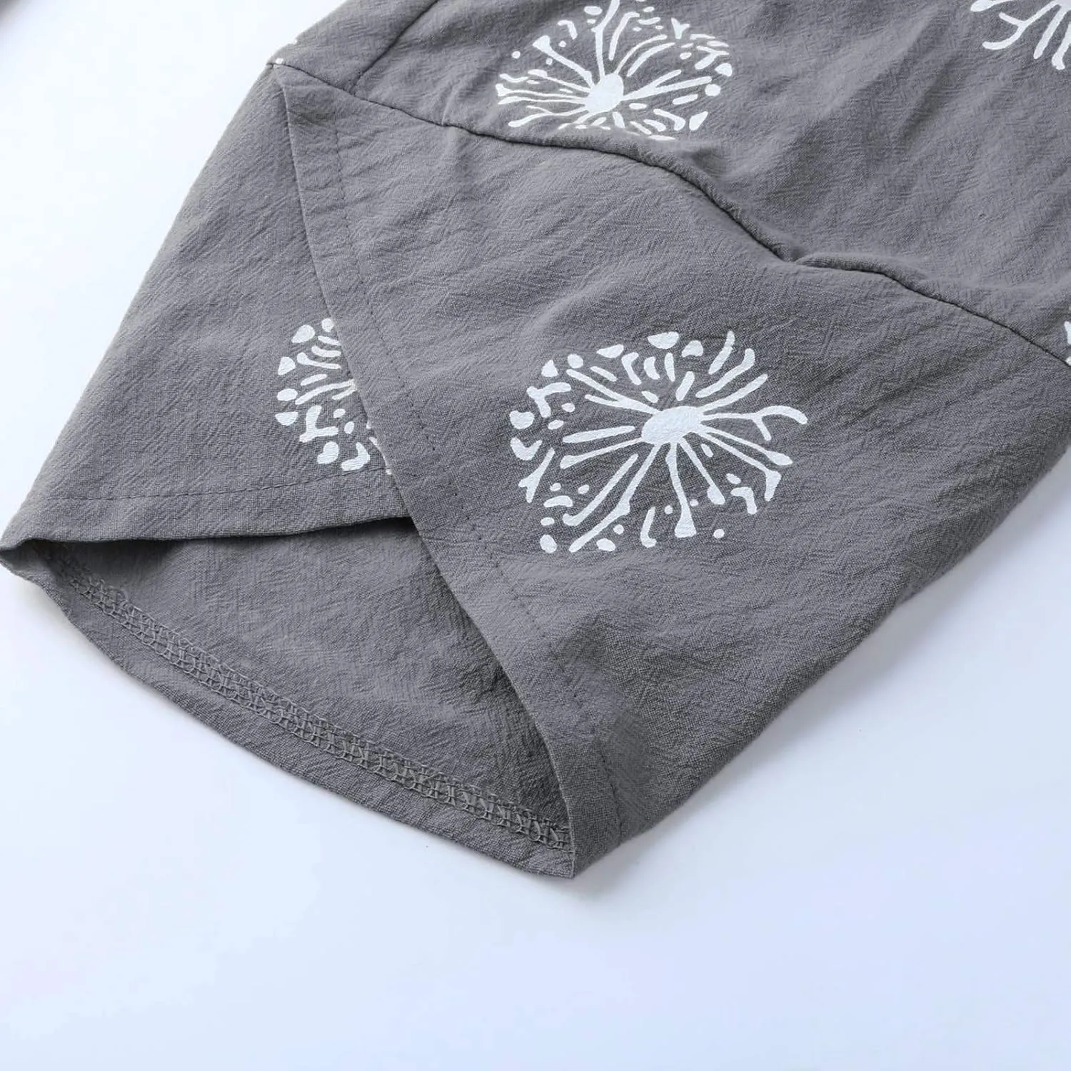 Womens Linen Pants Casual Dandelion Print Elastic Waist Sweatpants Capris Boho Wide Leg Palazzo Cropped Trousers with Pockets