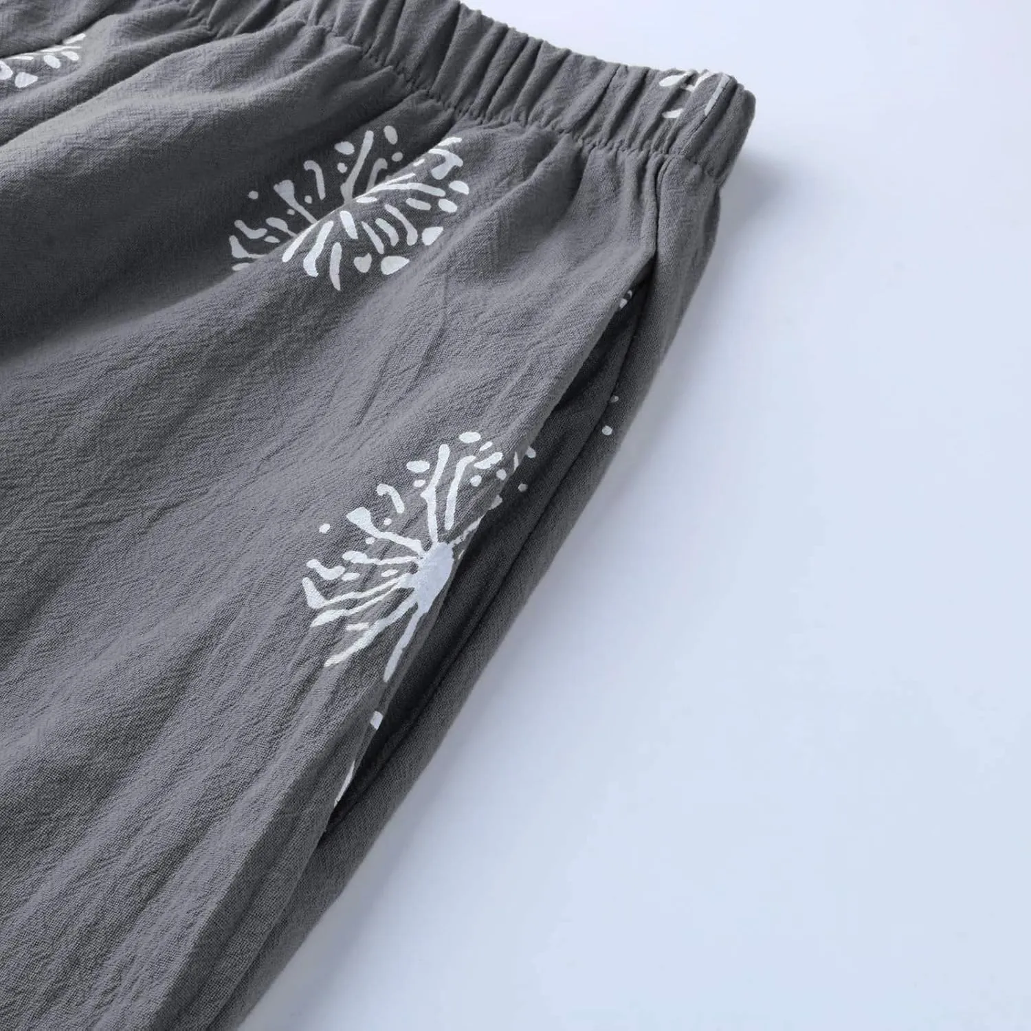 Womens Linen Pants Casual Dandelion Print Elastic Waist Sweatpants Capris Boho Wide Leg Palazzo Cropped Trousers with Pockets