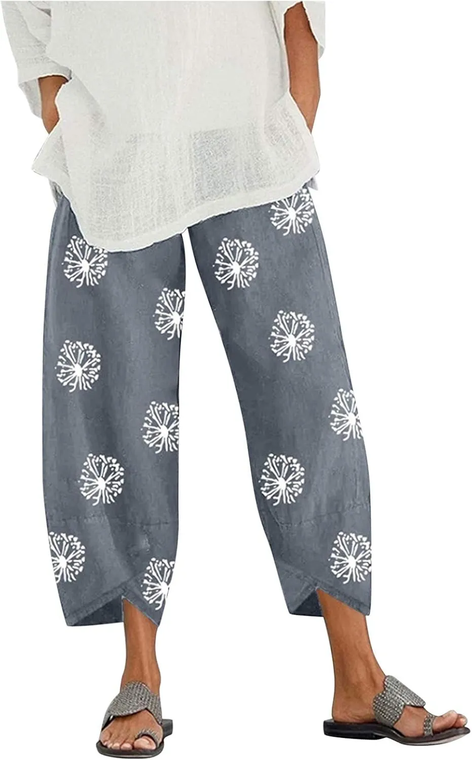 Womens Linen Pants Casual Dandelion Print Elastic Waist Sweatpants Capris Boho Wide Leg Palazzo Cropped Trousers with Pockets