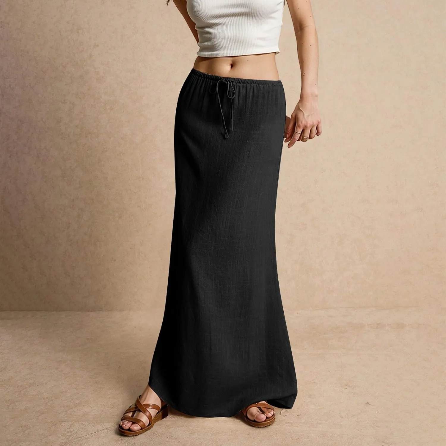 Womens Linen Skirt Cotton Linen Maxi Summer Comfy Drawstring Low Waist Spring Midi Skirt Flowy Vacation Bohemian