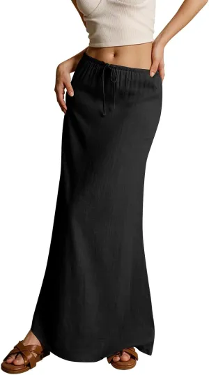 Womens Linen Skirt Cotton Linen Maxi Summer Comfy Drawstring Low Waist Spring Midi Skirt Flowy Vacation Bohemian
