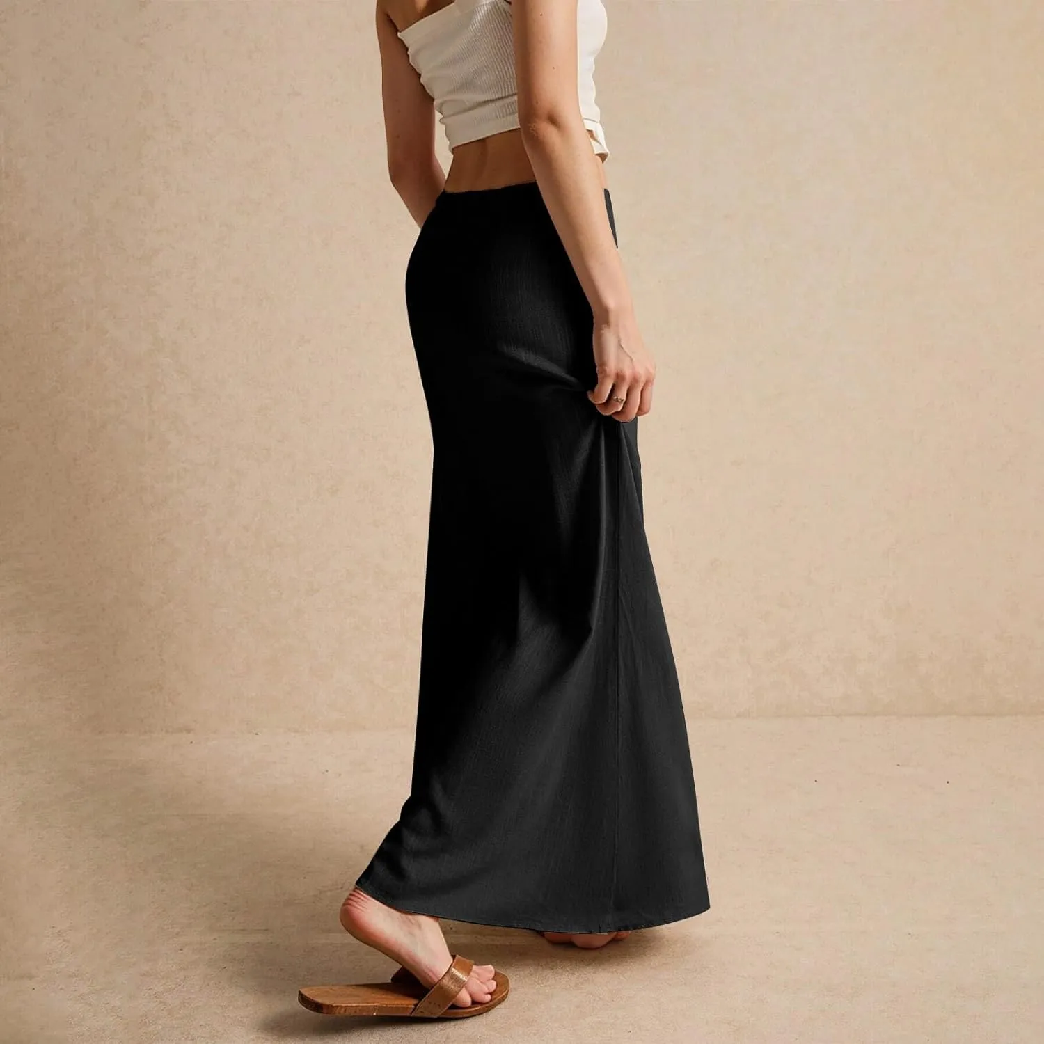Womens Linen Skirt Cotton Linen Maxi Summer Comfy Drawstring Low Waist Spring Midi Skirt Flowy Vacation Bohemian