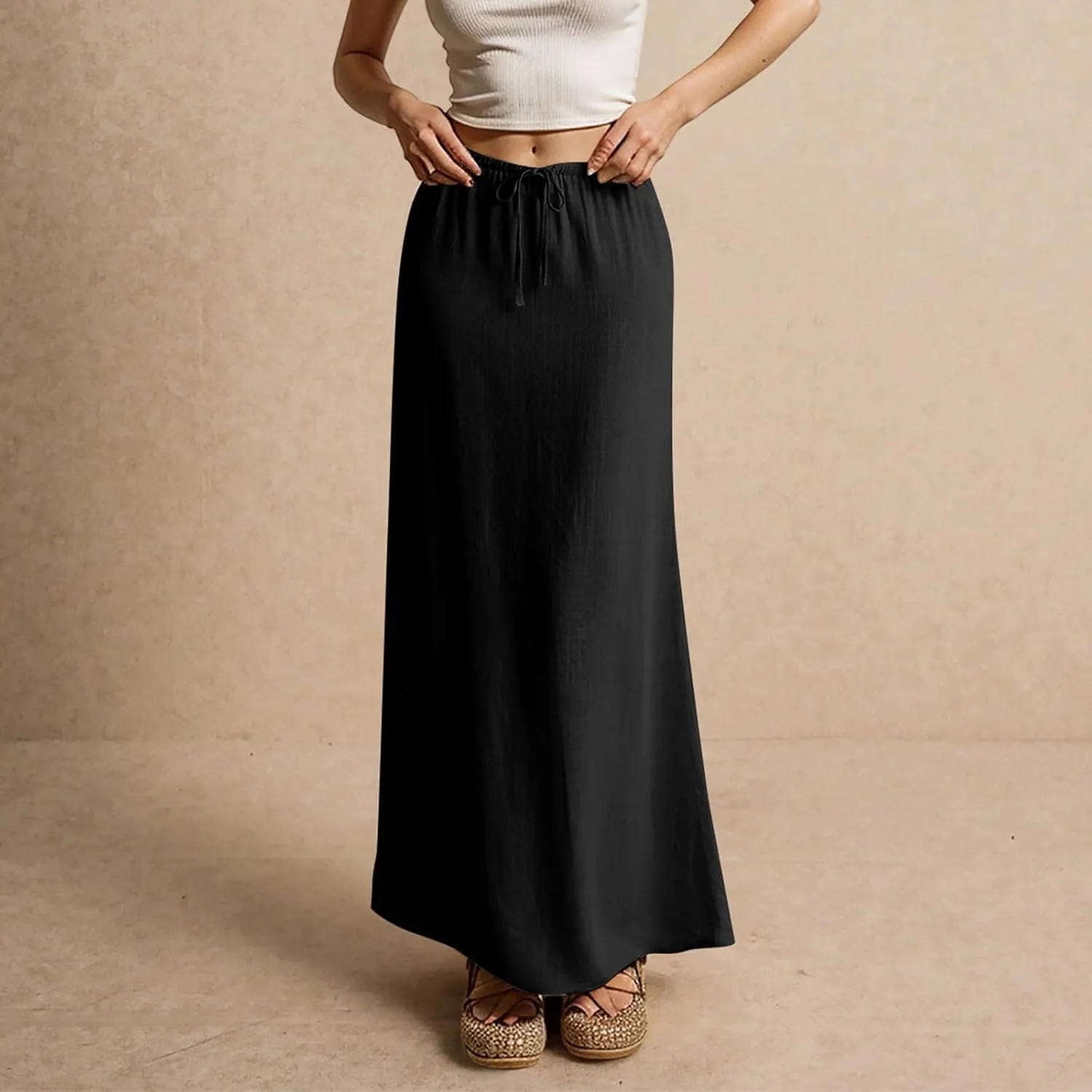 Womens Linen Skirt Cotton Linen Maxi Summer Comfy Drawstring Low Waist Spring Midi Skirt Flowy Vacation Bohemian