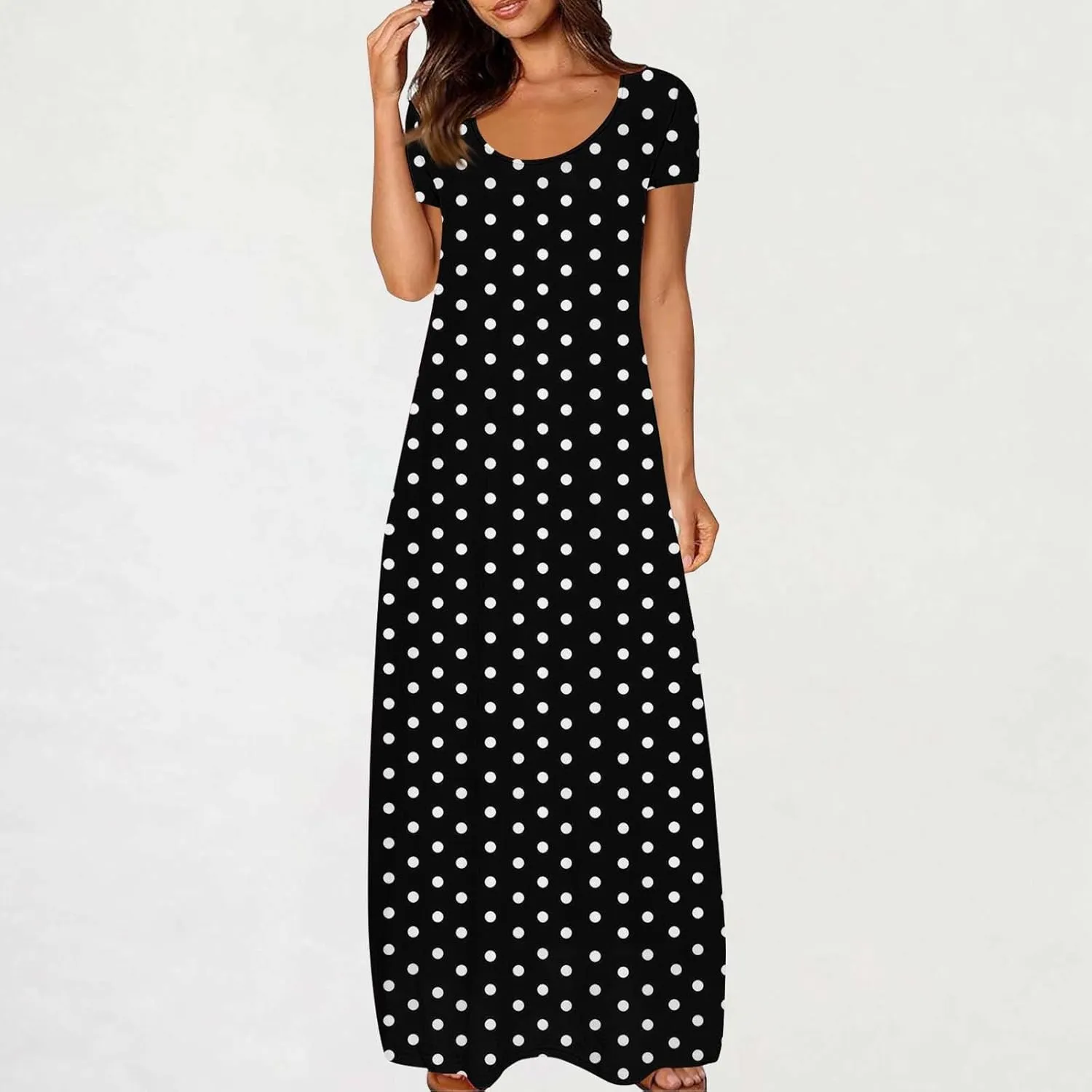 Womens Long Maxi Dresses Summer Casual Short Sleeve Loose Fit Dress Fashion Scoop Neck Sundresses with Pockets
