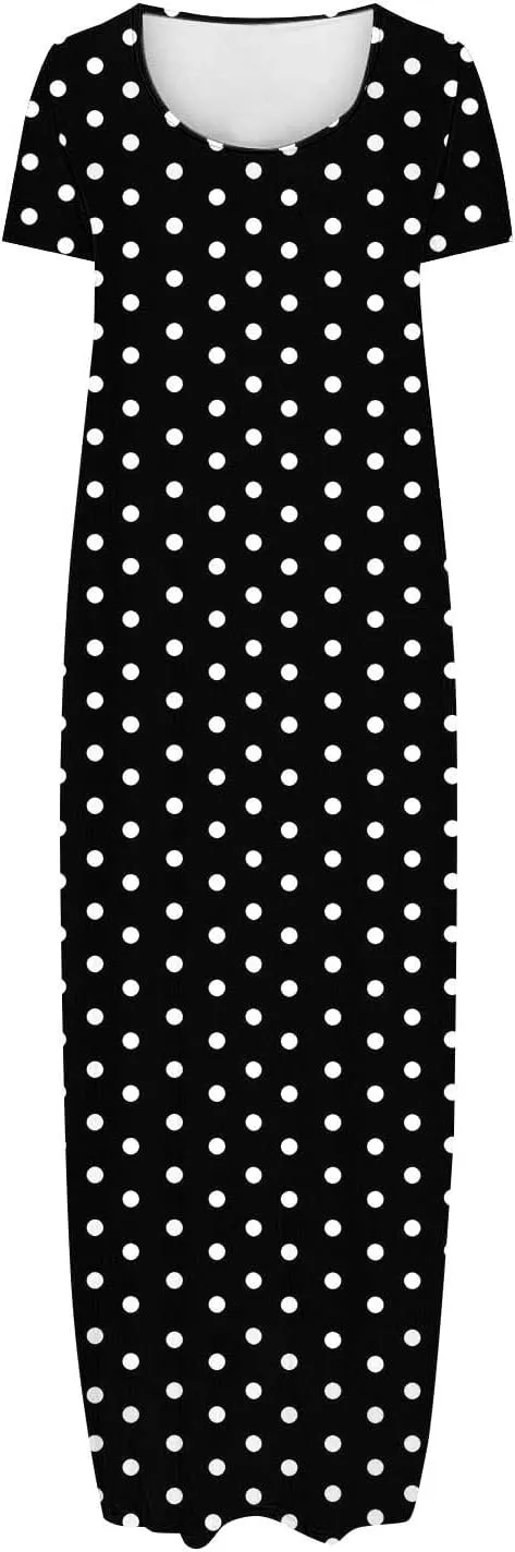 Womens Long Maxi Dresses Summer Casual Short Sleeve Loose Fit Dress Fashion Scoop Neck Sundresses with Pockets