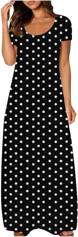 Womens Long Maxi Dresses Summer Casual Short Sleeve Loose Fit Dress Fashion Scoop Neck Sundresses with Pockets