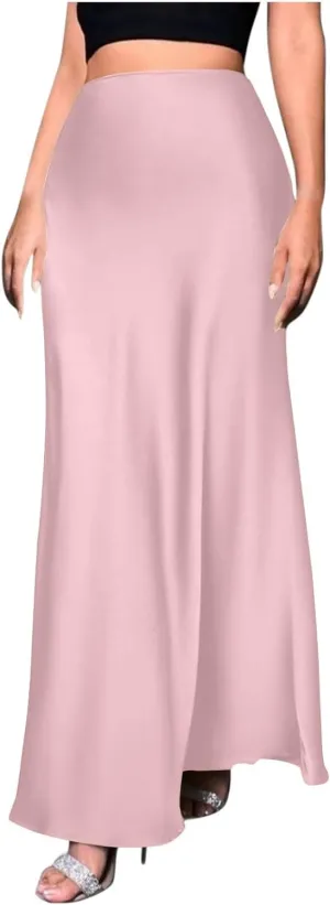 Women's Long Satin Skirt with Zipper High Waisted Flared Casual A Line Maxi Silk Skirts Party Wedding Dress