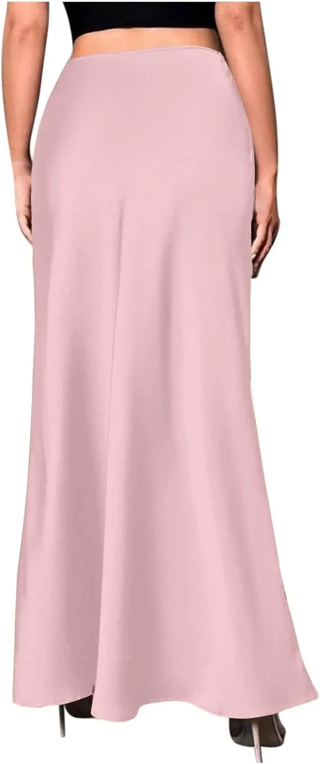 Women's Long Satin Skirt with Zipper High Waisted Flared Casual A Line Maxi Silk Skirts Party Wedding Dress