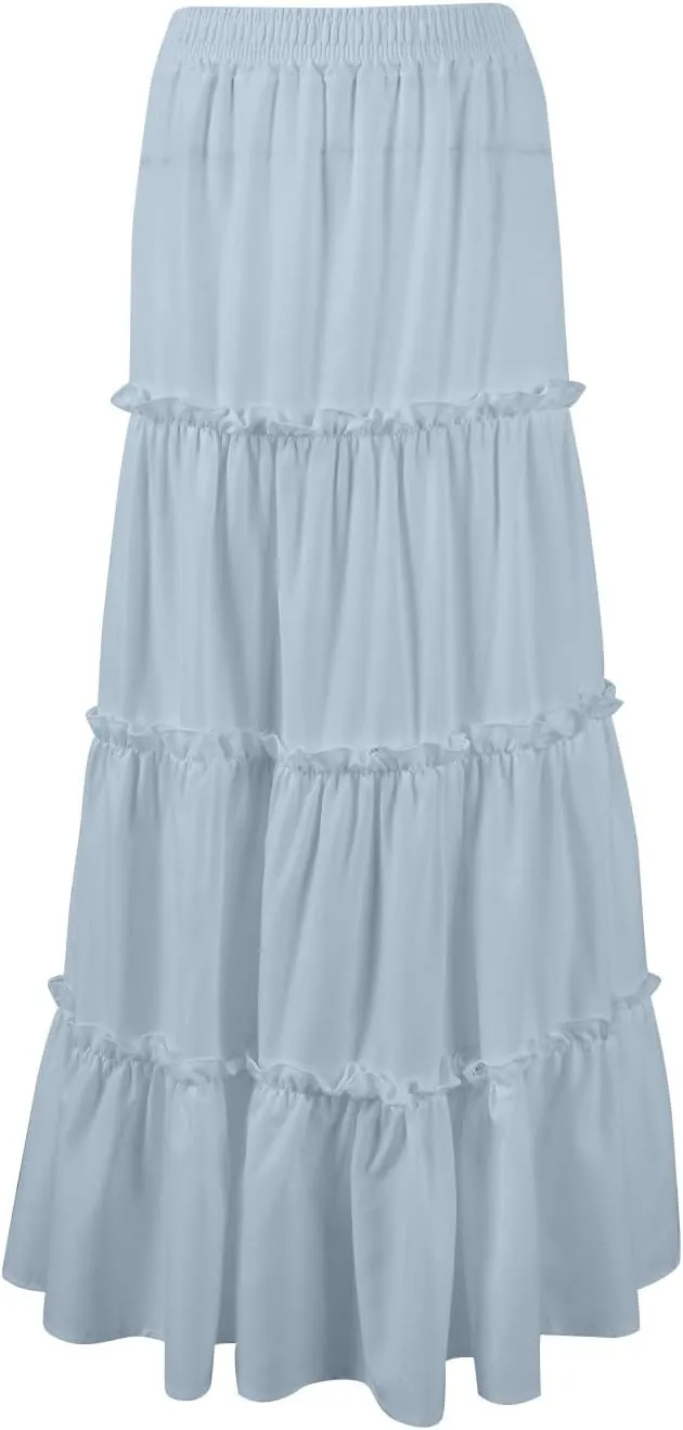 Womens Maxi Skirt Boho Tiered Long Skirts Summer Trendy A Line Ruffle Maxi Skirts Casual Resort Wear with Pockets