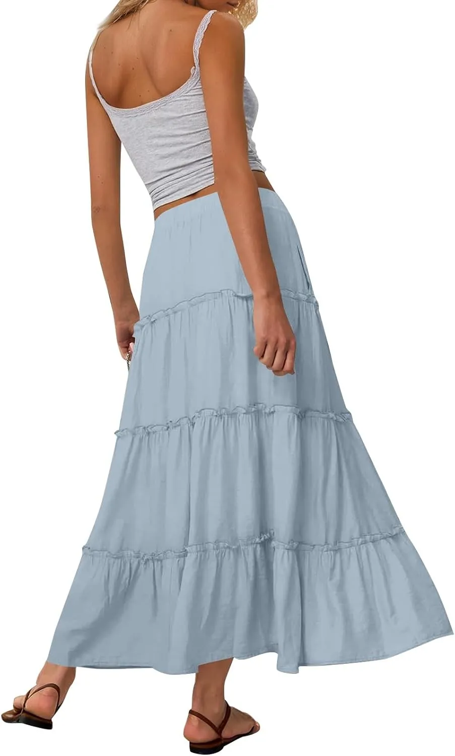 Womens Maxi Skirt Boho Tiered Long Skirts Summer Trendy A Line Ruffle Maxi Skirts Casual Resort Wear with Pockets