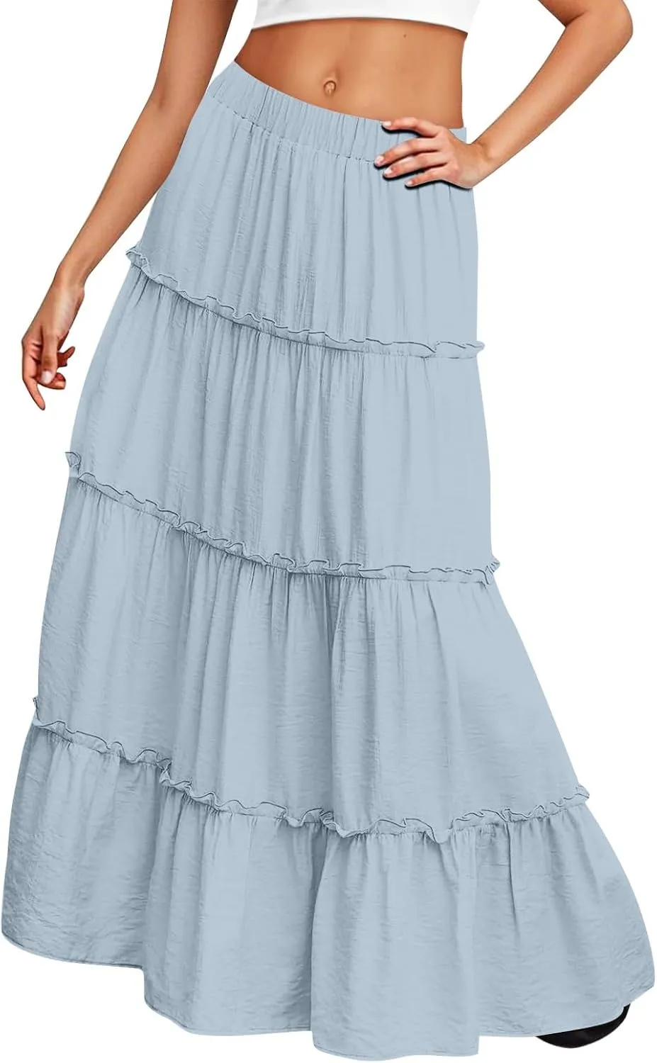 Womens Maxi Skirt Boho Tiered Long Skirts Summer Trendy A Line Ruffle Maxi Skirts Casual Resort Wear with Pockets