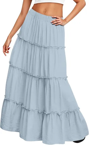 Womens Maxi Skirt Boho Tiered Long Skirts Summer Trendy A Line Ruffle Maxi Skirts Casual Resort Wear with Pockets