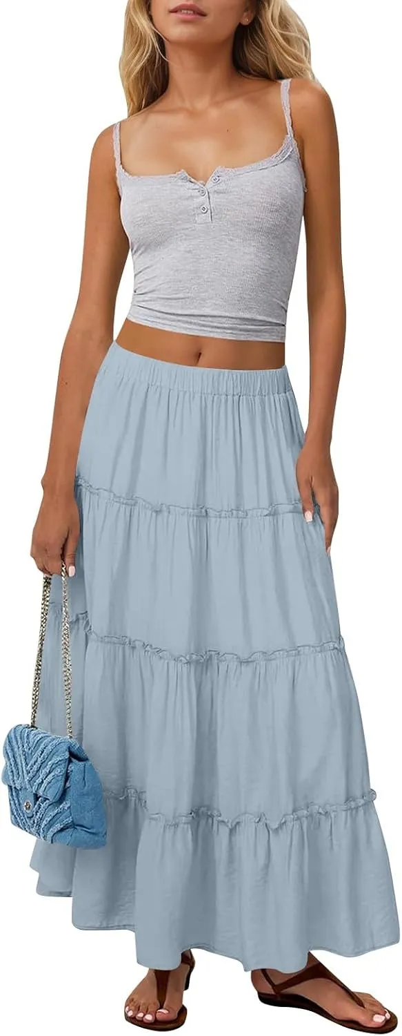Womens Maxi Skirt Boho Tiered Long Skirts Summer Trendy A Line Ruffle Maxi Skirts Casual Resort Wear with Pockets