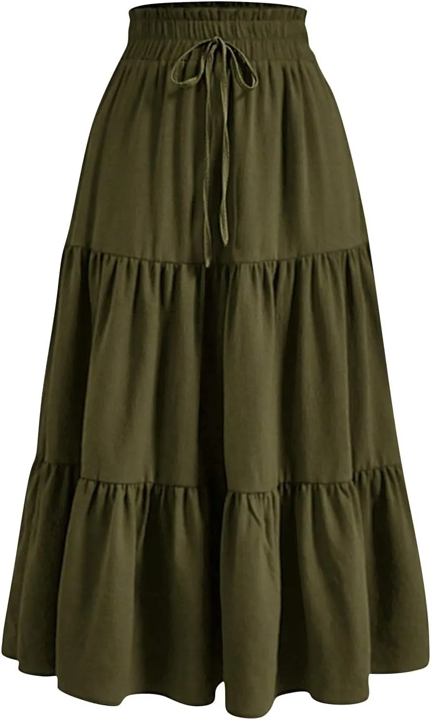 Womens Maxi Skirt Drawstring High Waisted Summer Long Skirts Lightweight Tiered Flowy Floral Pleated Skirts w/Pockets