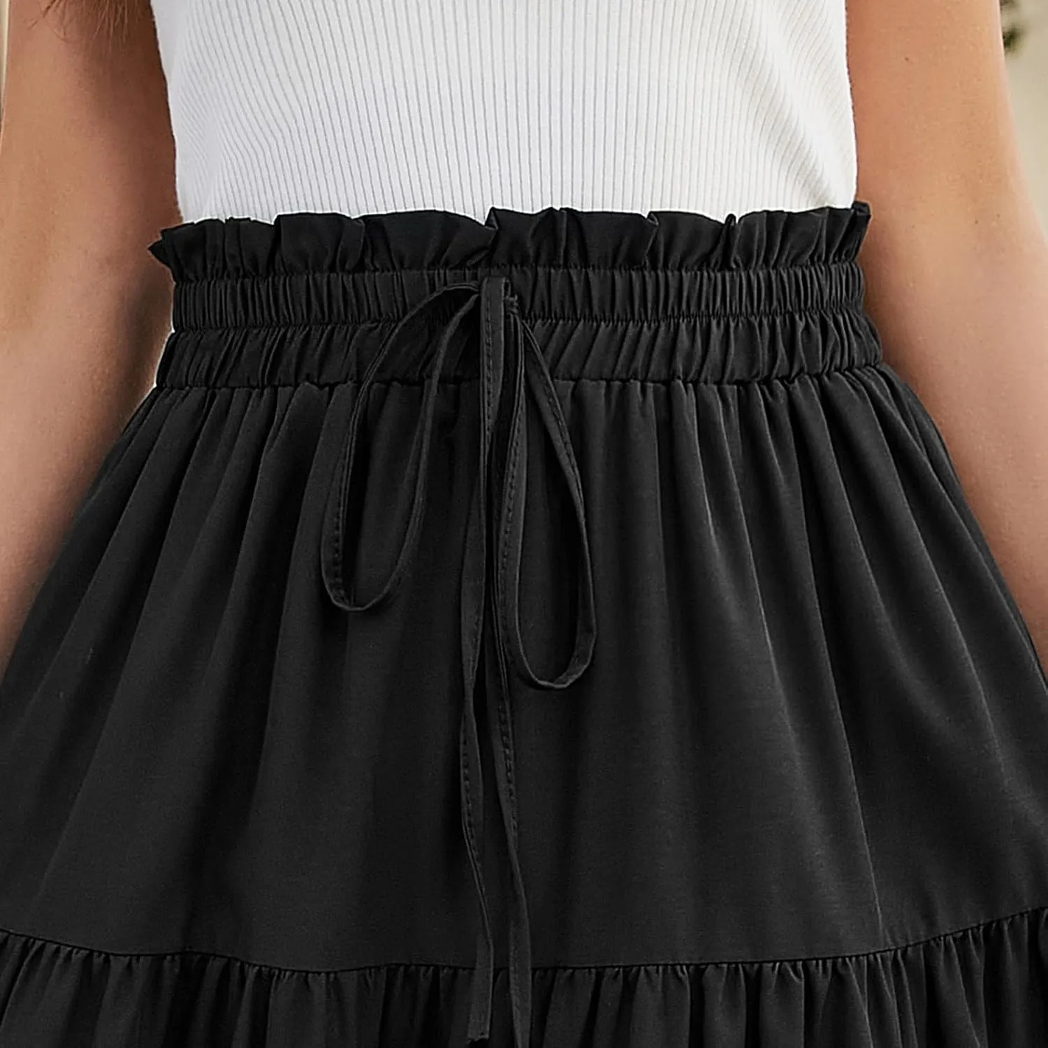 Womens Maxi Skirt Drawstring High Waisted Summer Long Skirts Lightweight Tiered Flowy Floral Pleated Skirts w/Pockets