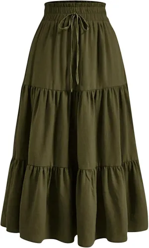 Womens Maxi Skirt Drawstring High Waisted Summer Long Skirts Lightweight Tiered Flowy Floral Pleated Skirts w/Pockets